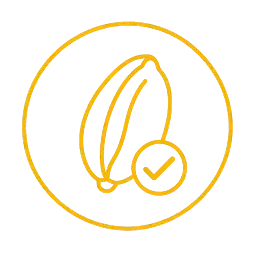 Orange line art of two cocoa pods inside a circle with a checkmark in a small circle overlapping the pods on the right side.