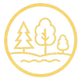 Yellow outline icon of three different trees on a landscape with a wavy river at the bottom, enclosed in a circular border.
