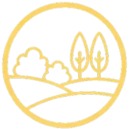 Minimalist golden line art of a landscape inside a circle featuring two tall trees on the right and two bushes on the left, above curved hills.