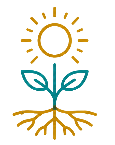 Stylized illustration of a plant with two green leaves, a central stem, golden roots extending below, and a golden sun with rays above it.