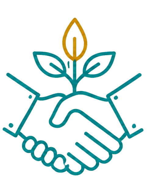 Outlined graphic of two hands shaking with a sprouting plant featuring three leaves growing from the handshake.