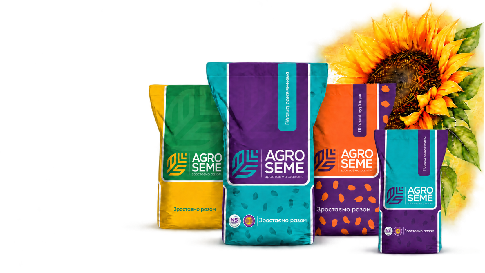 Four colorful bags of Agro Seme seeds in yellow, green, purple, and orange packaging in front of a large sunflower with green leaves.
